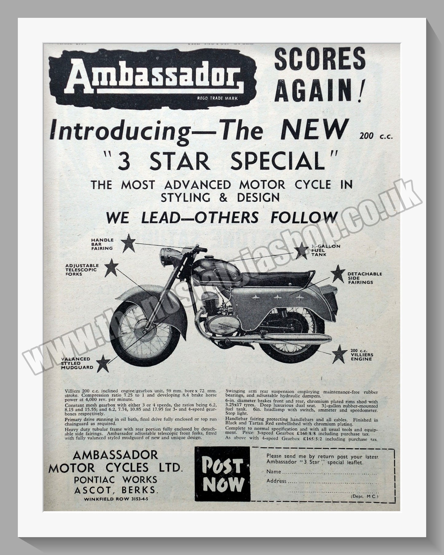 Ambassador 3 Star Special Motorcycle. Original Advert 1959 (ref AD56752)