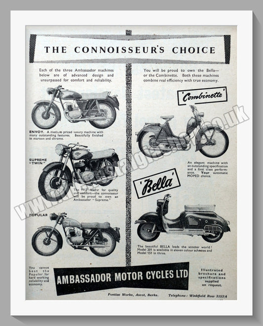 Ambassador Motorcycle Range. Original Advert 1956 (ref AD56754)