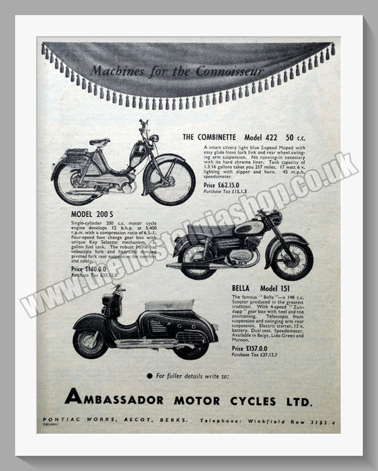 Ambassador Motorcycle Range. Original Advert 1956 (ref AD56755)