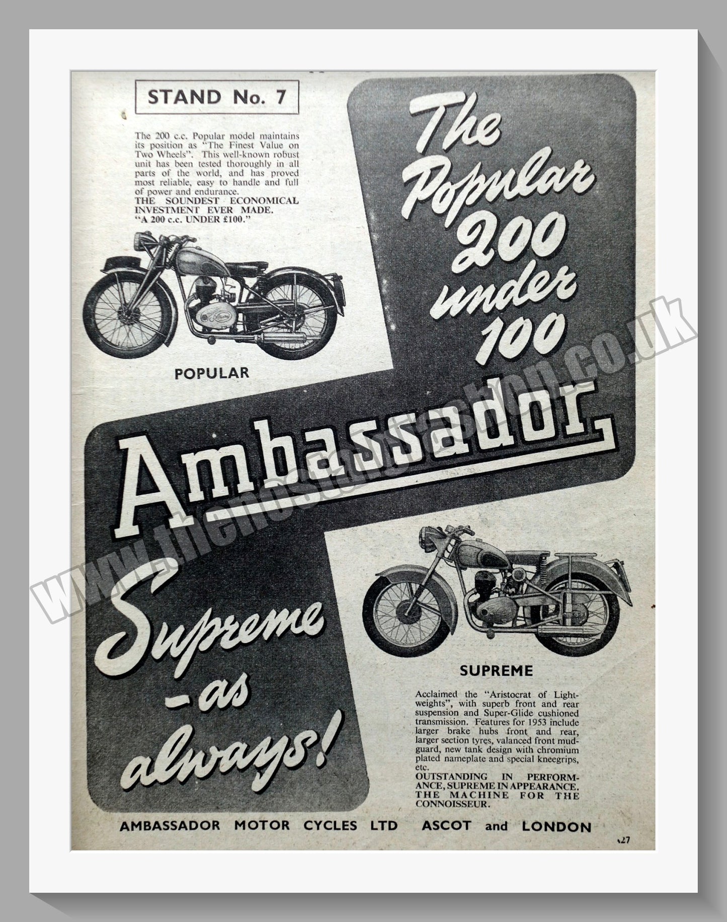Ambassador Popular and Supreme Motorcycles. Original Advert 1952 (ref AD56758)