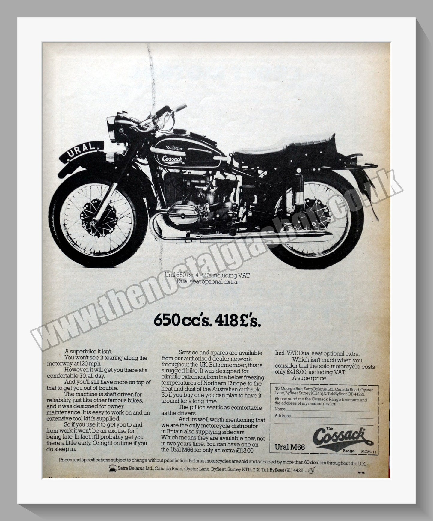 Cossack Ural 650cc Motorcycle. Original advert 1974 (ref AD56762)