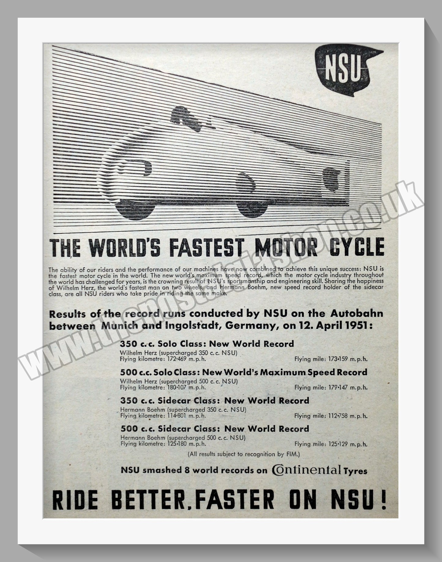 NSU World's Fastest Motorcycle. Original Advert 1951 (ref AD56764)