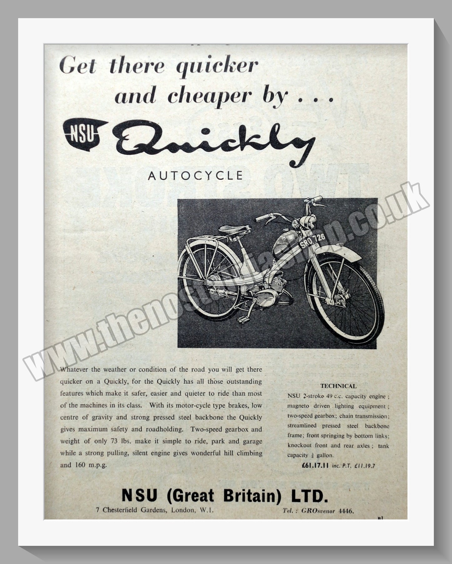 NSU Quickly Motorcycle. Original Advert 1956 (ref AD56768)