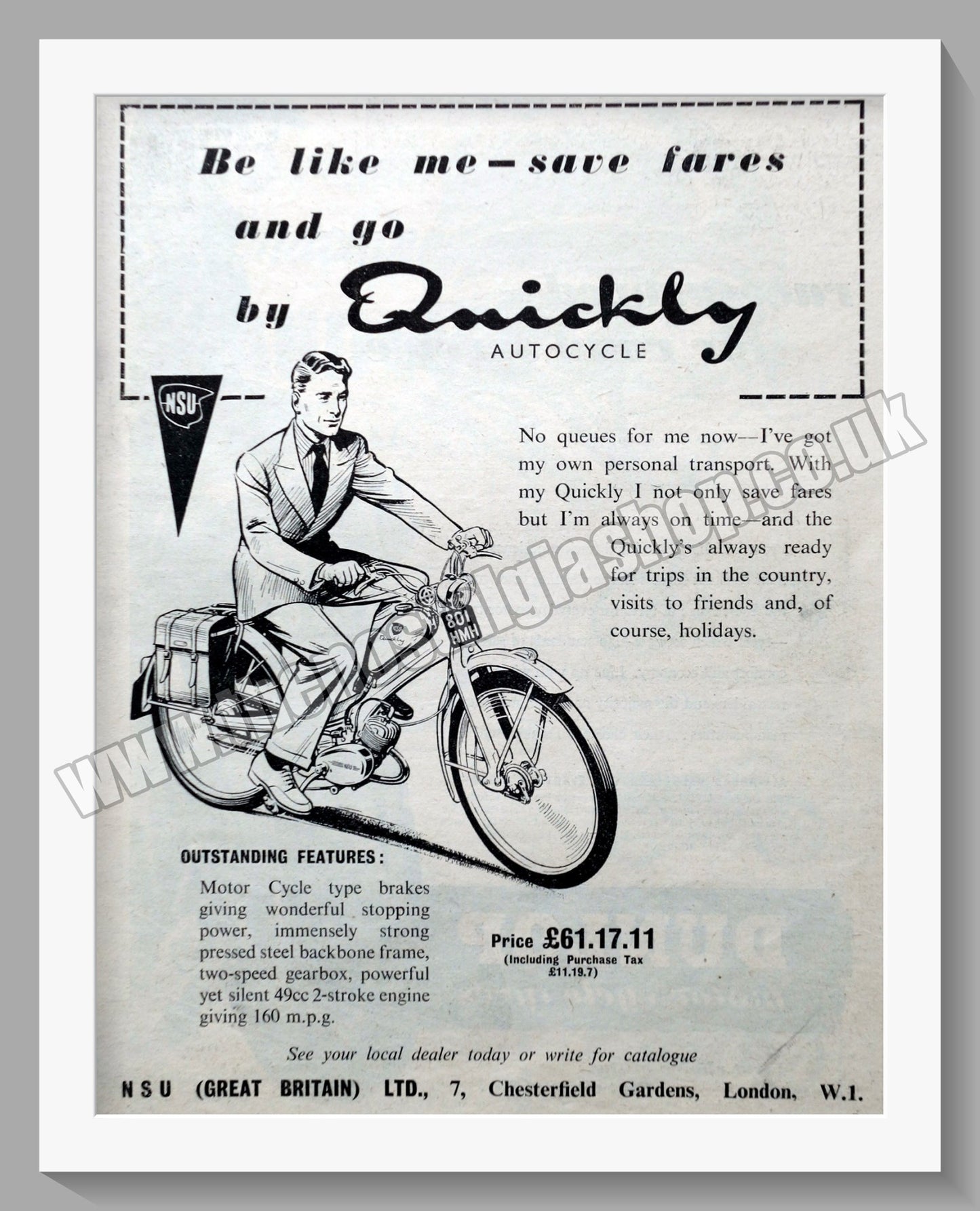 NSU Quickly Motorcycle. Original Advert 1956 (ref AD56769)