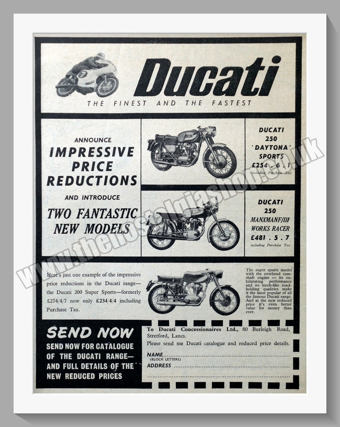 Ducati Daytona & Manxmanf/III Works Racer Motorcycles. Original Advert 1961 (ref AD56795)