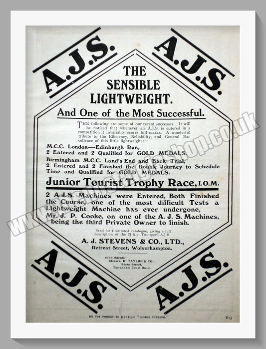 A.J.S Motorcycles. The Sensible Lightweight. Original Advert 1911 (ref AD56863)