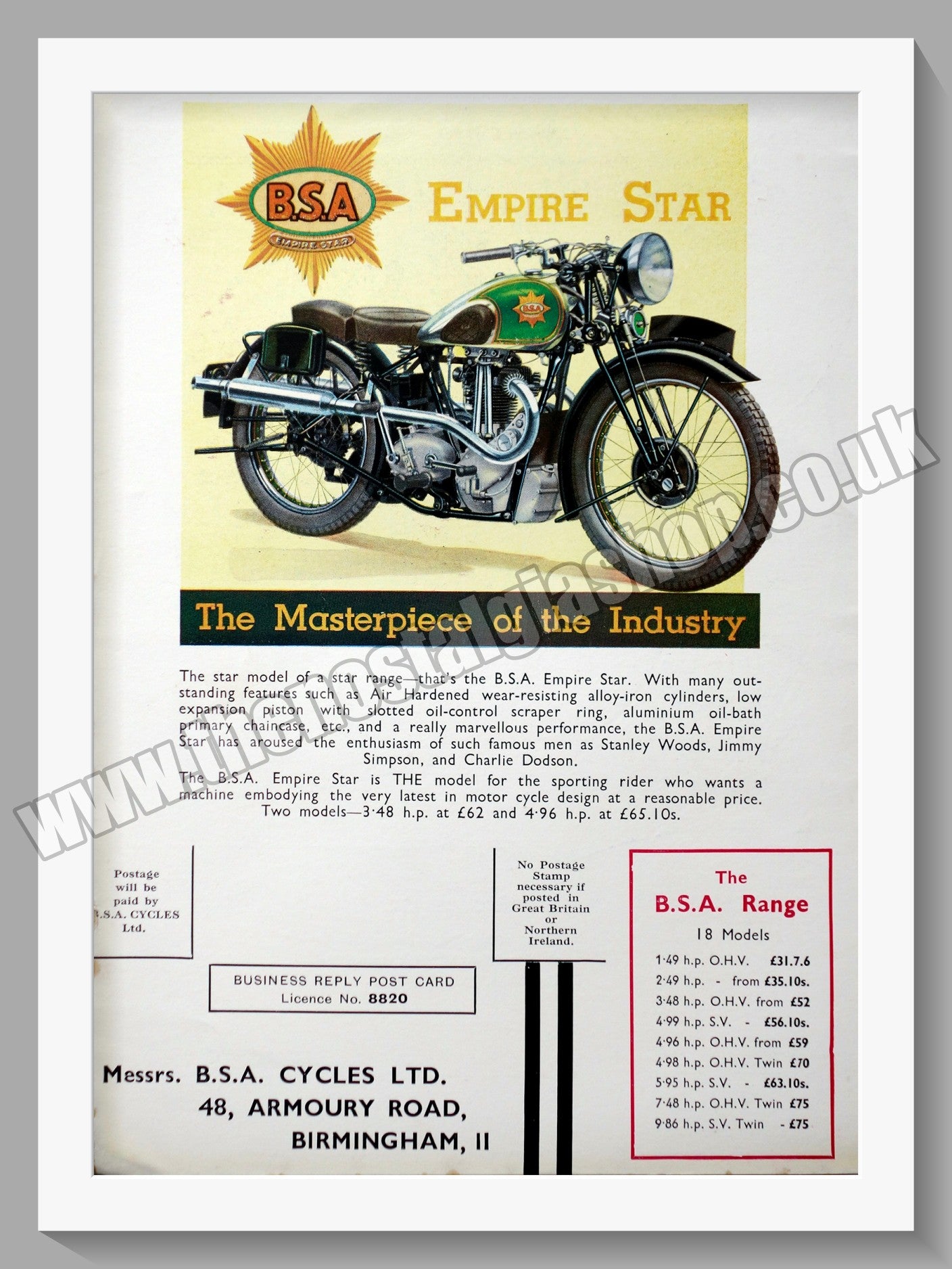 BSA Empire Star Motorcycle. Original Advert 1936 (ref AD56884)