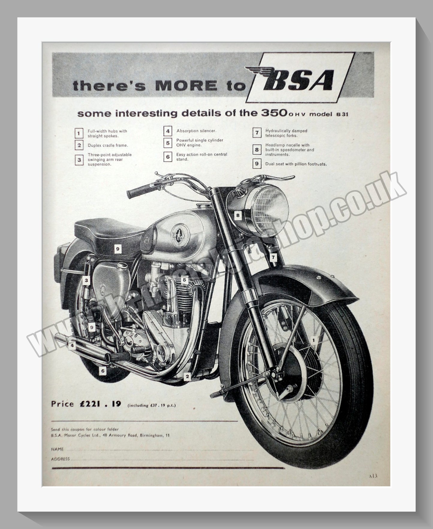 BSA 350 B31 Motorcycle. Original Advert 1959 (ref AD56889)