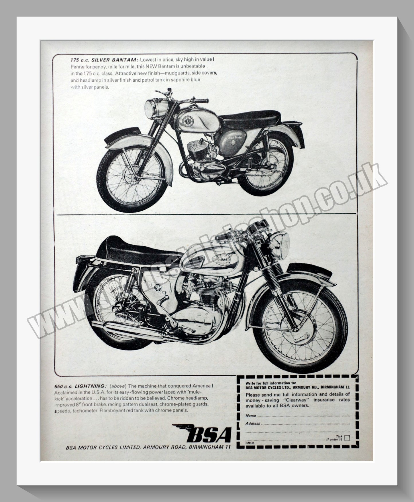 BSA 650 Lightning & 175 Silver Bantam Motorcycles. Original Advert 1965 (ref AD56908)