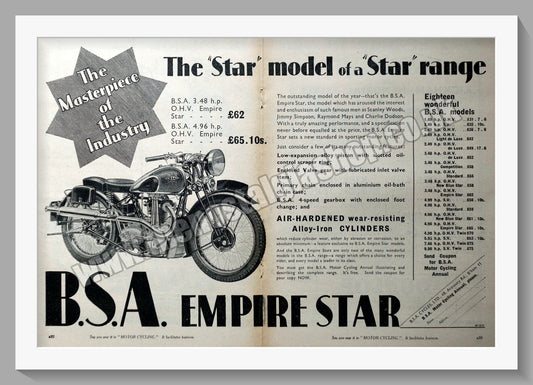 BSA Empire Star Motorcycle. Original Advert 1936 (ref AD14517)