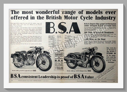 BSA Empire Star & Light De Luxe Motorcycles Original Advert 1935 (ref AD14518)