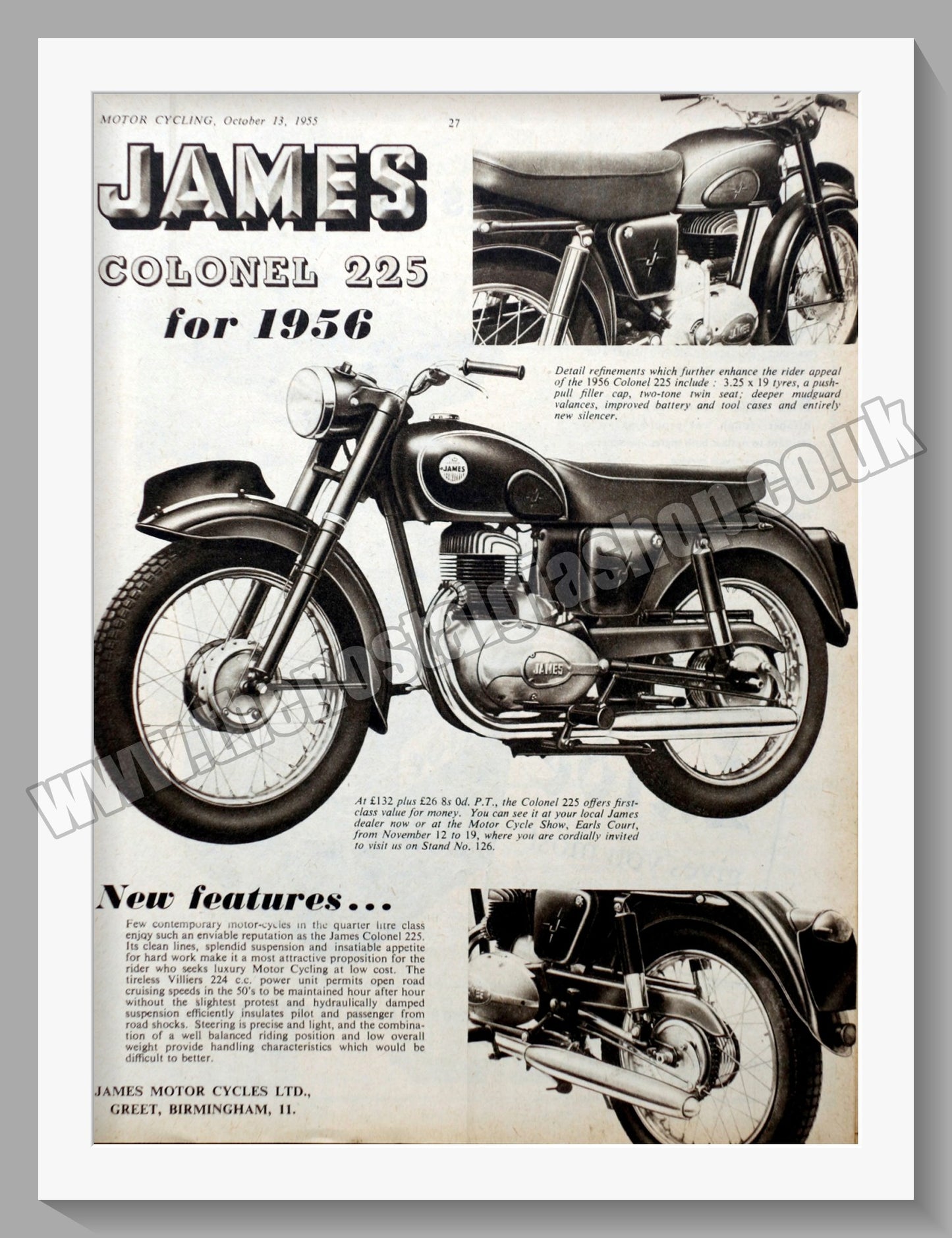 James 225 Colonel Motorcycle. Original Advert 1955 (ref AD56922)