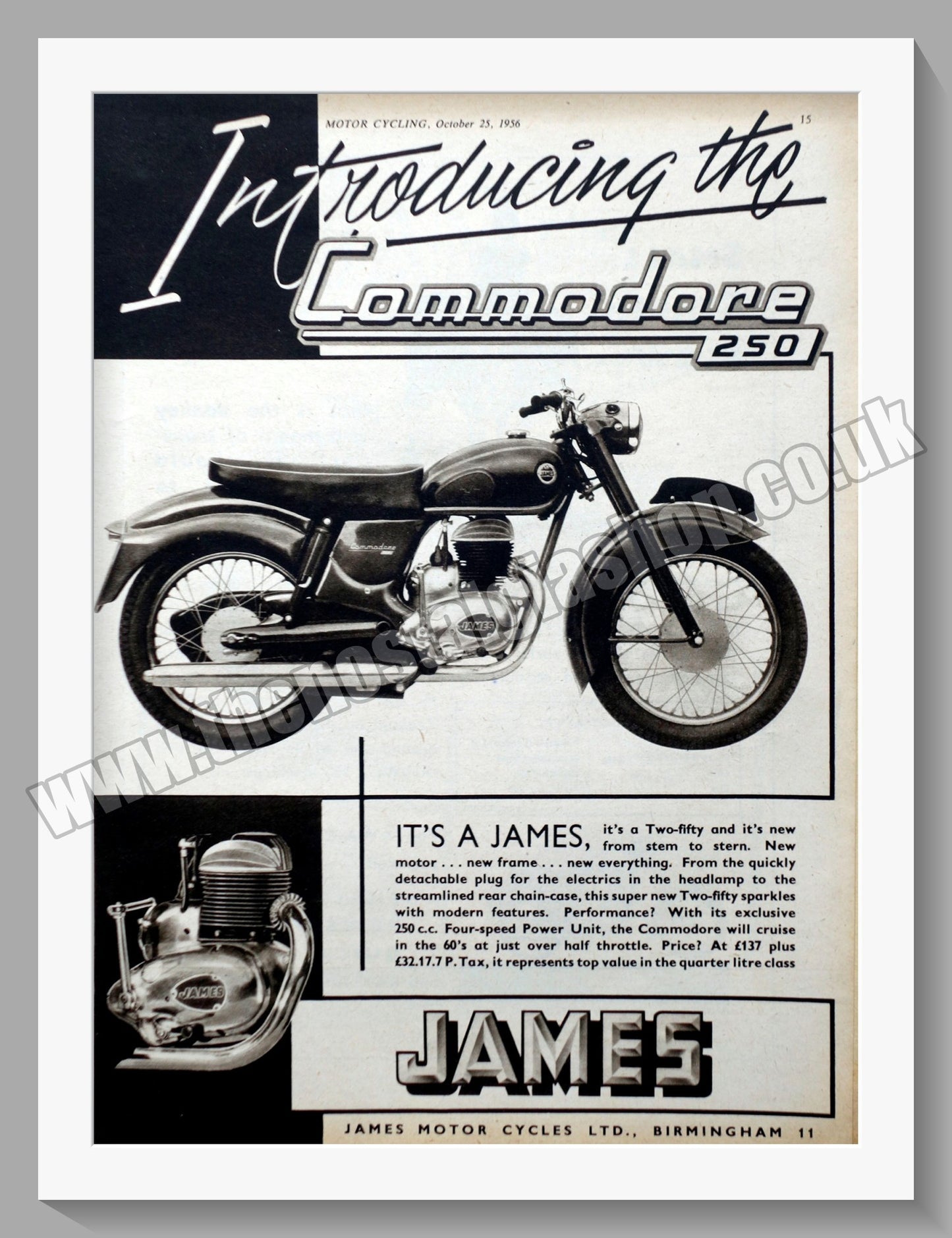 James 250 Commodore Motorcycle. Original Advert 1956 (ref AD56923)