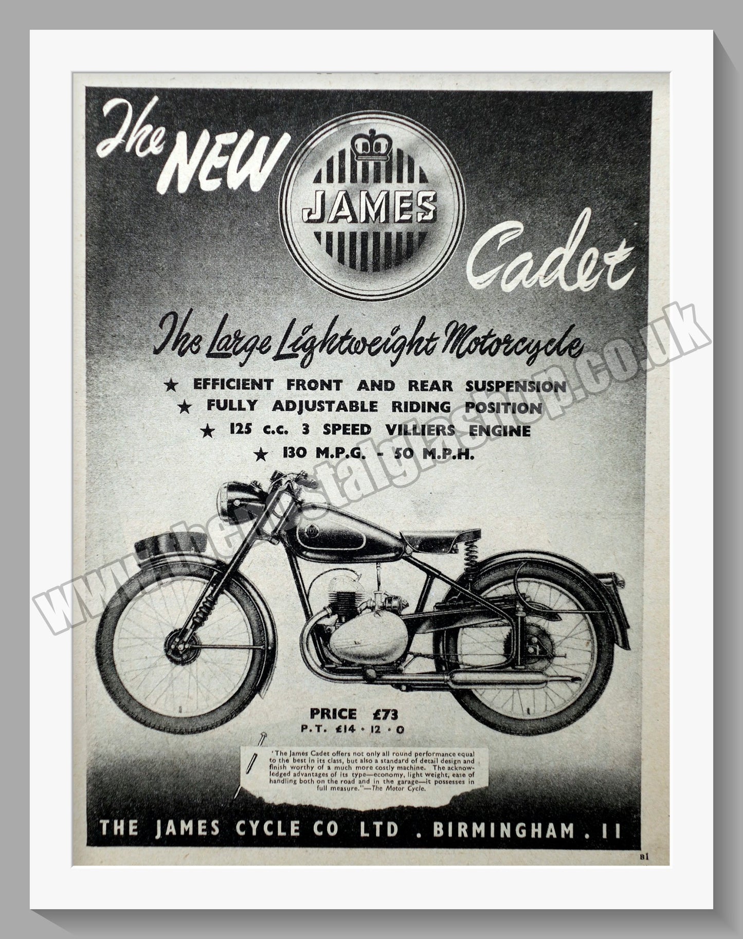 James Cadet 150 Motorcycle. Original Advert 1954 (ref AD56940)