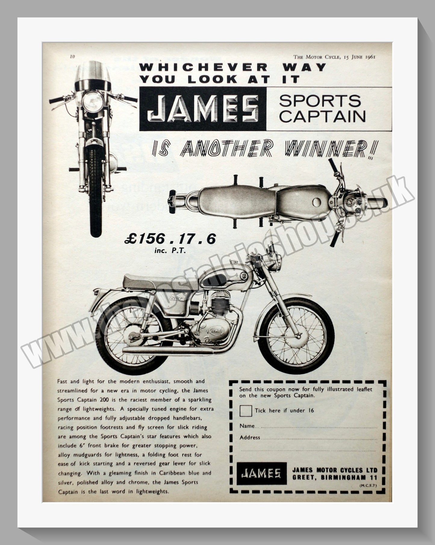 James Sports Captain 200 Motorcycle. Original Advert 1961 (ref AD56943)