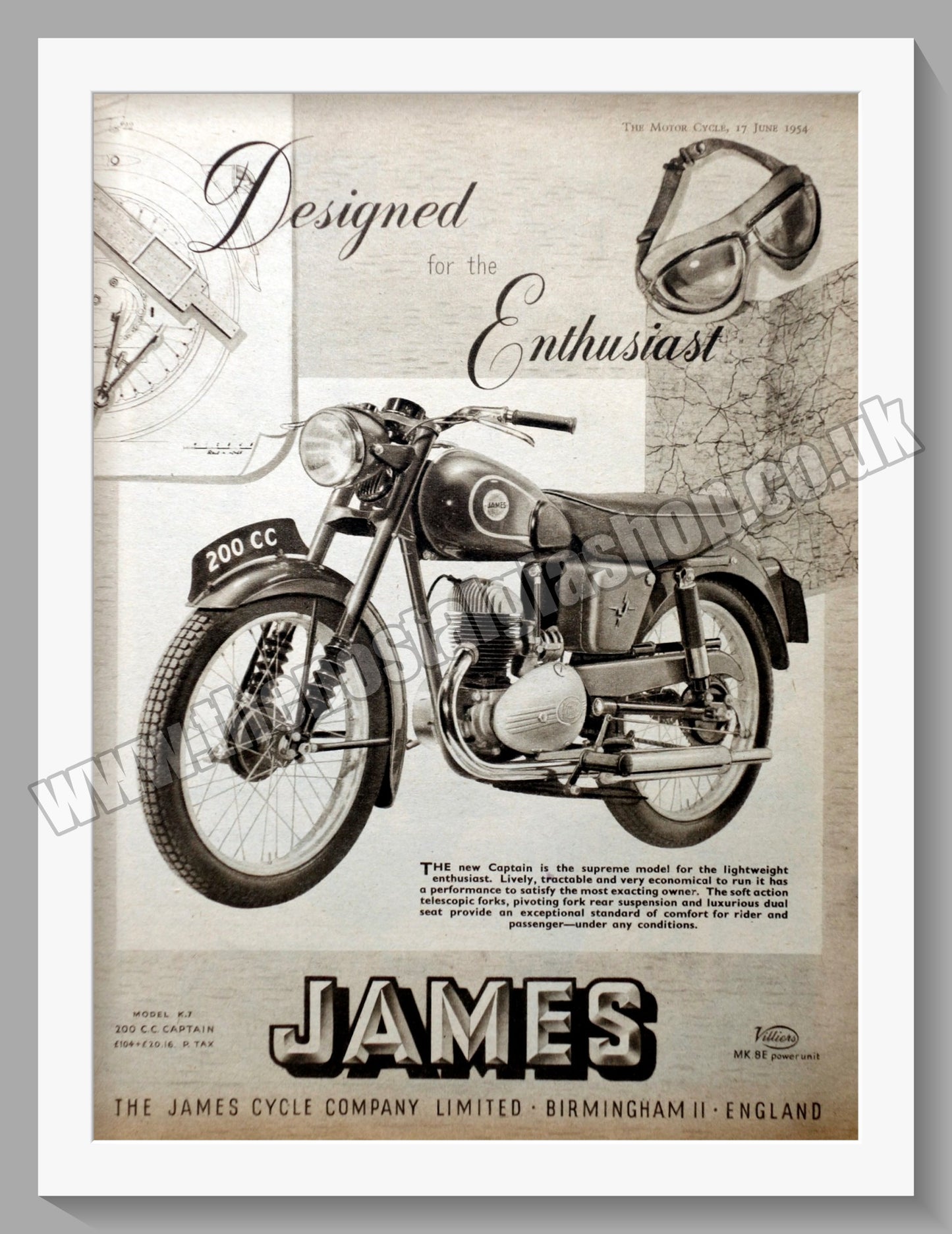 James Captain 200 Motorcycle. Original Advert 1954 (ref AD56948)