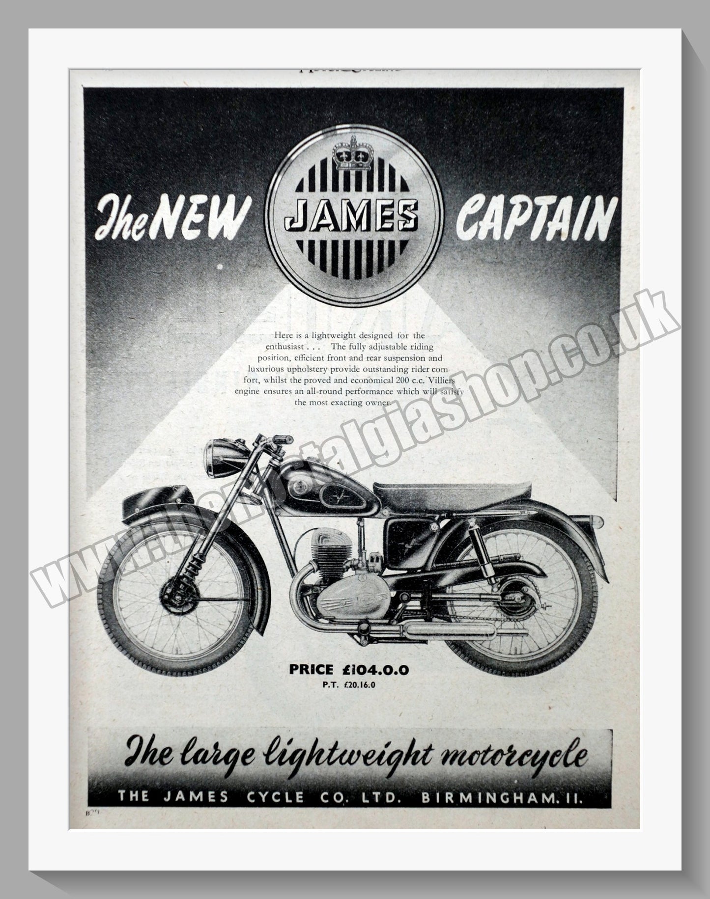 James Captain 200 Motorcycle. Original Advert 1954 (ref AD56950)
