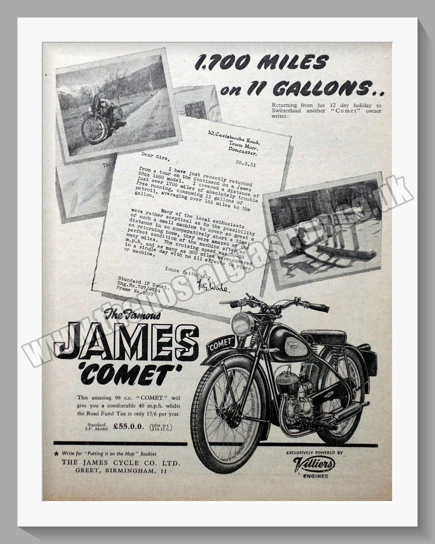 James Comet 98cc Motorcycle. Original Advert 1951 (ref AD56956)
