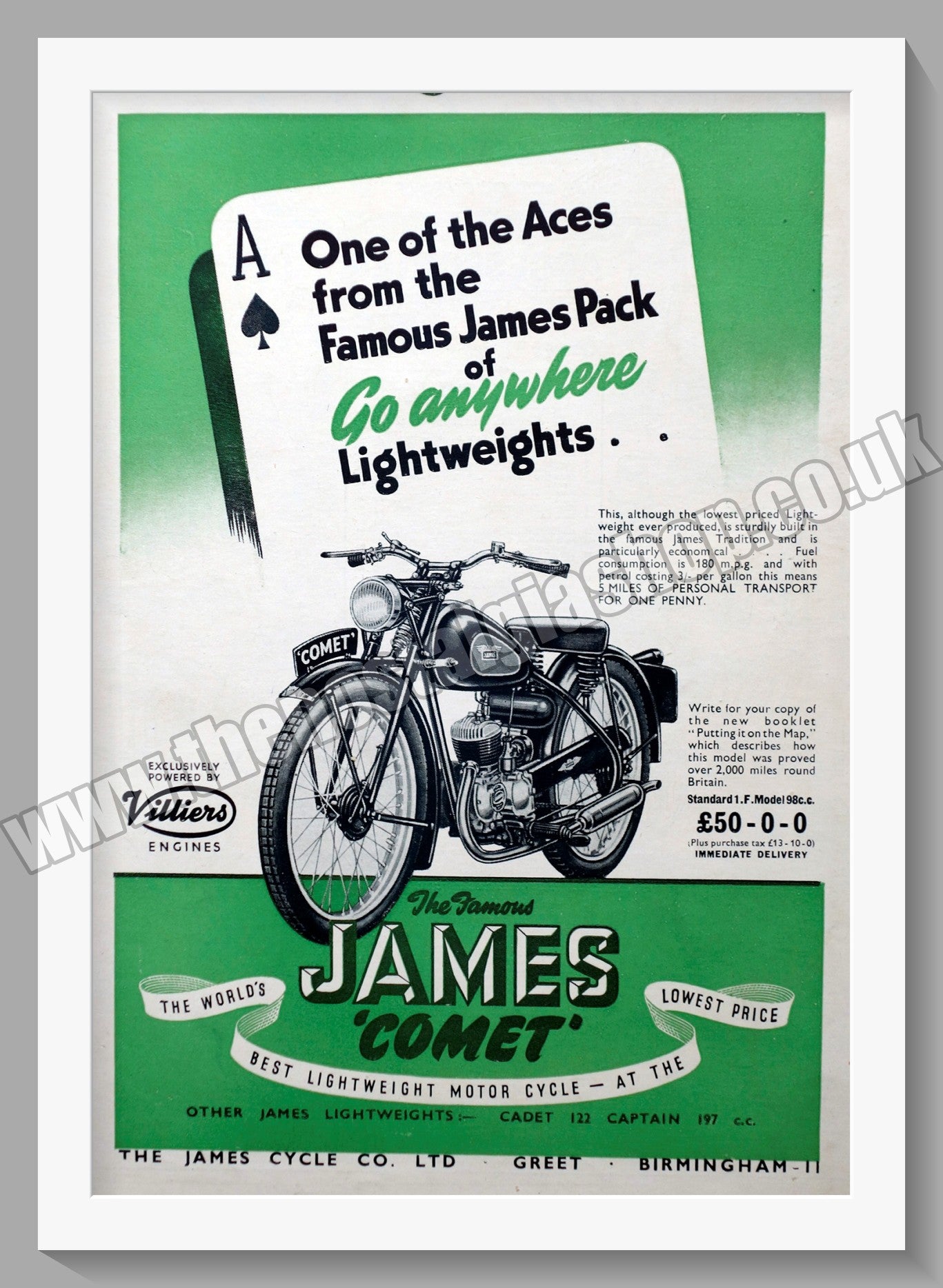 James Comet 98cc Motorcycle. Original Advert 1950 (ref AD56959)