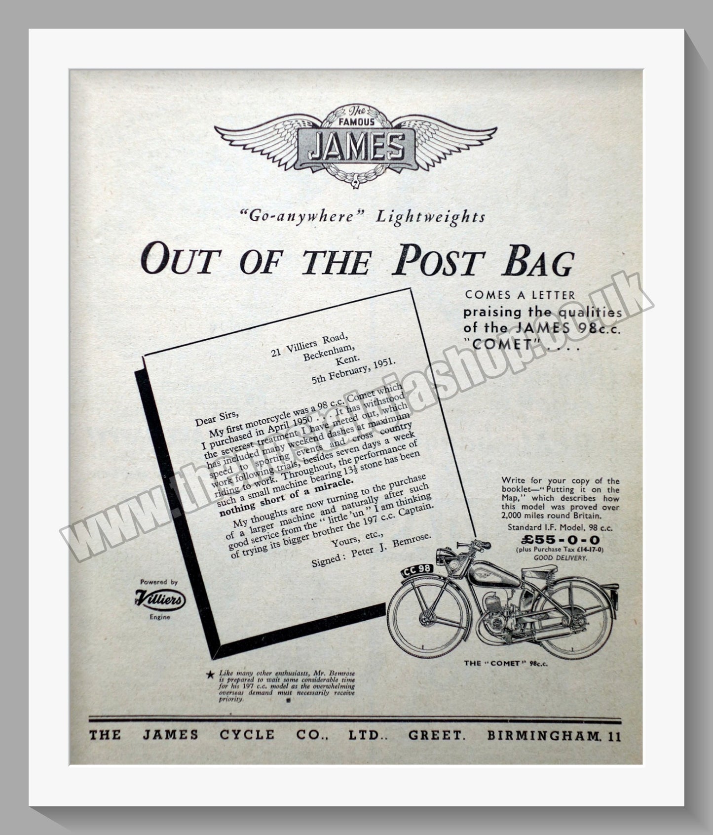 James Comet Motorcycles. Original Advert 1951 (ref AD56965)
