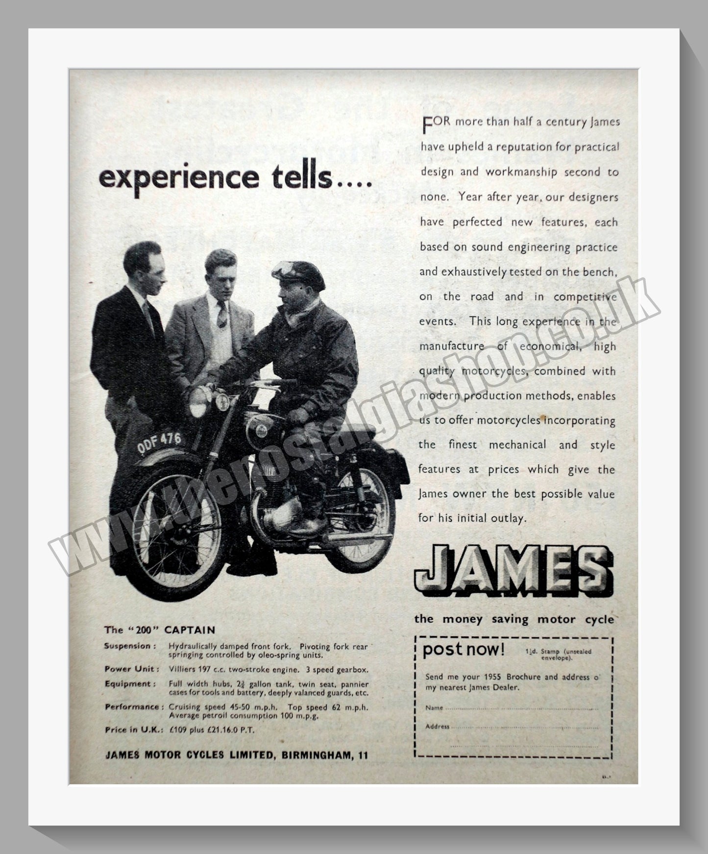 James 200 Captain Motorcycle. Original Advert 1955 (ref AD56963)