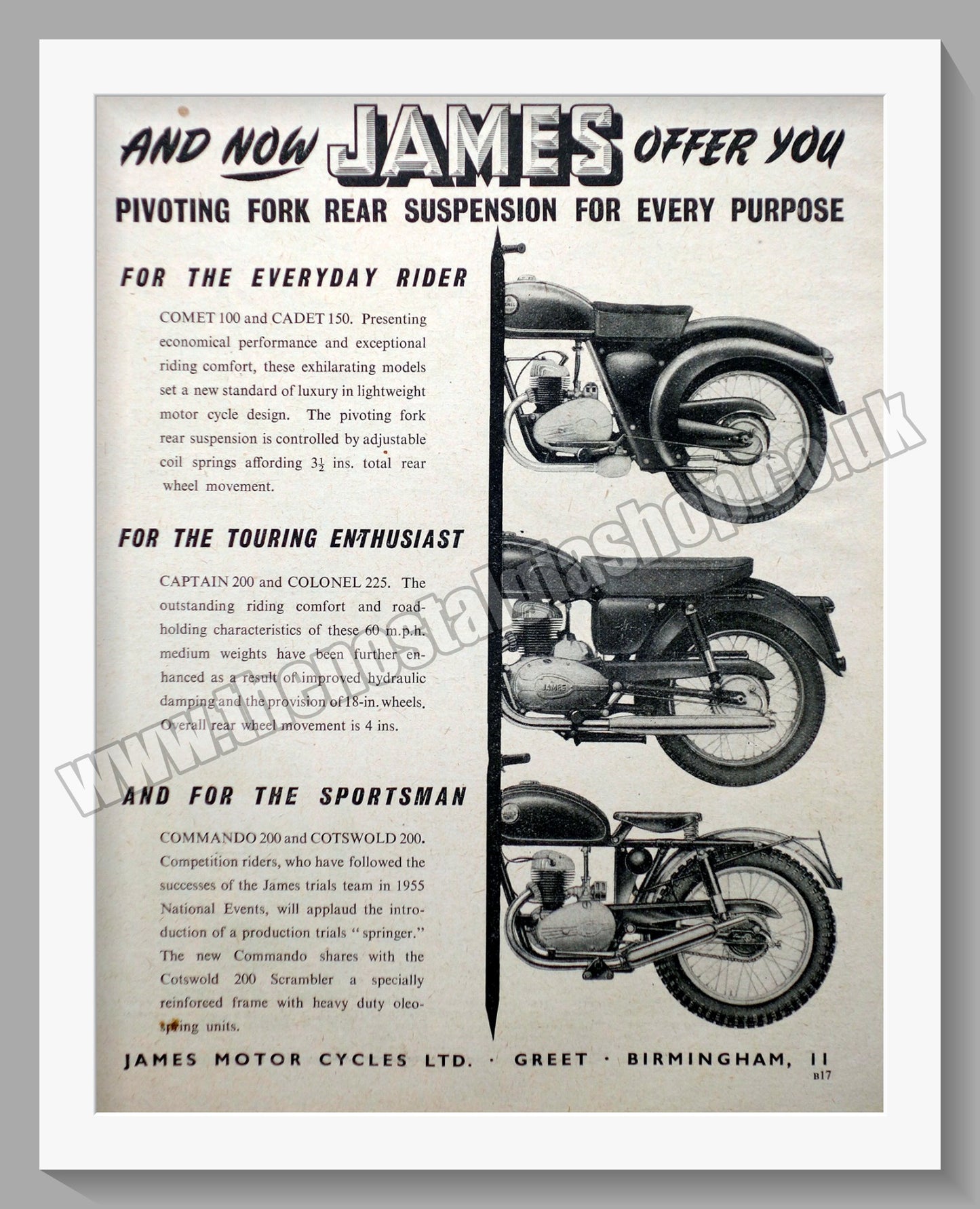 James Motorcycle Range. Rear Suspension Original Advert 1955 (ref AD56972)