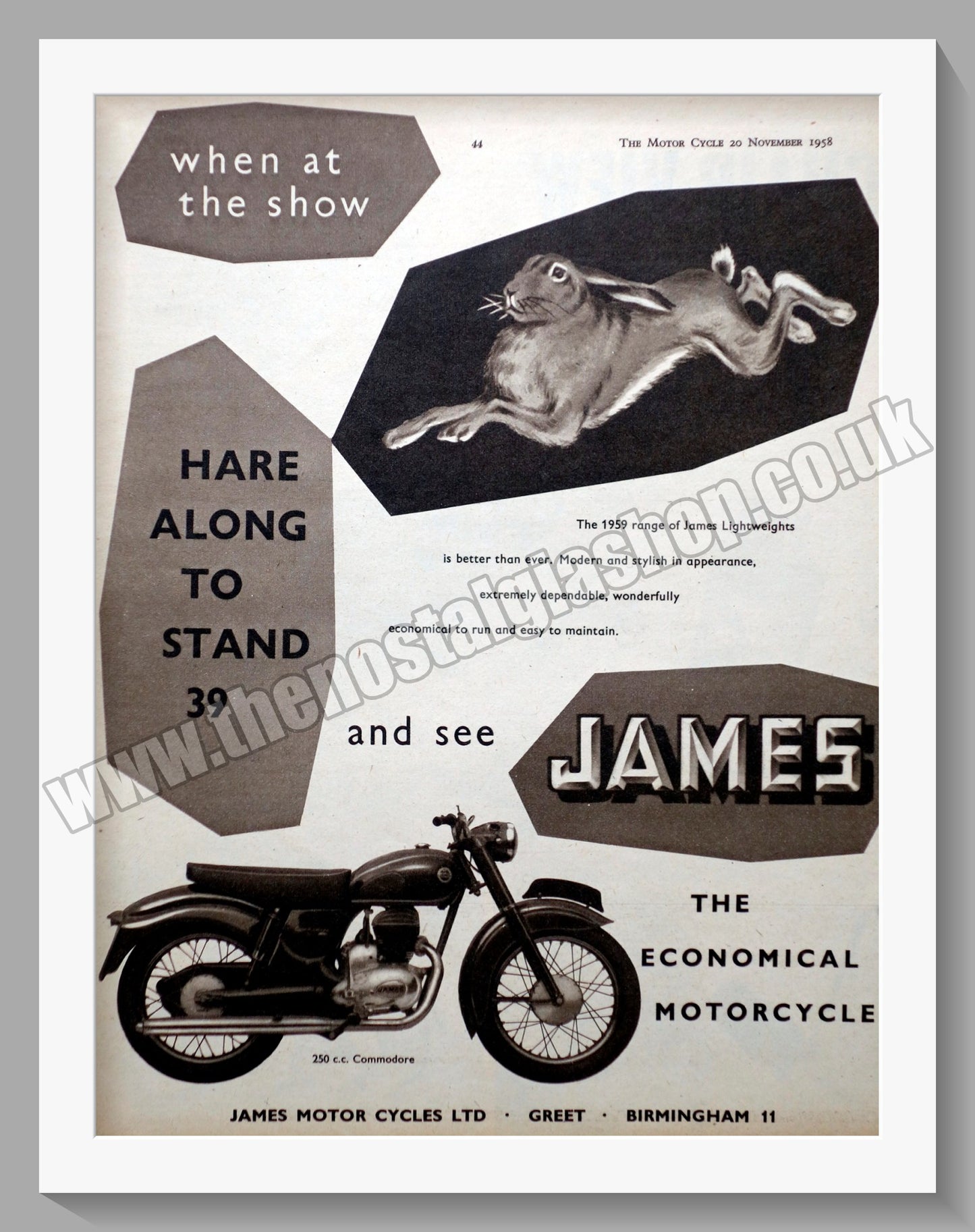 James Commodore Motorcycle. Earls Court. Original Advert 1958 (ref AD56974)