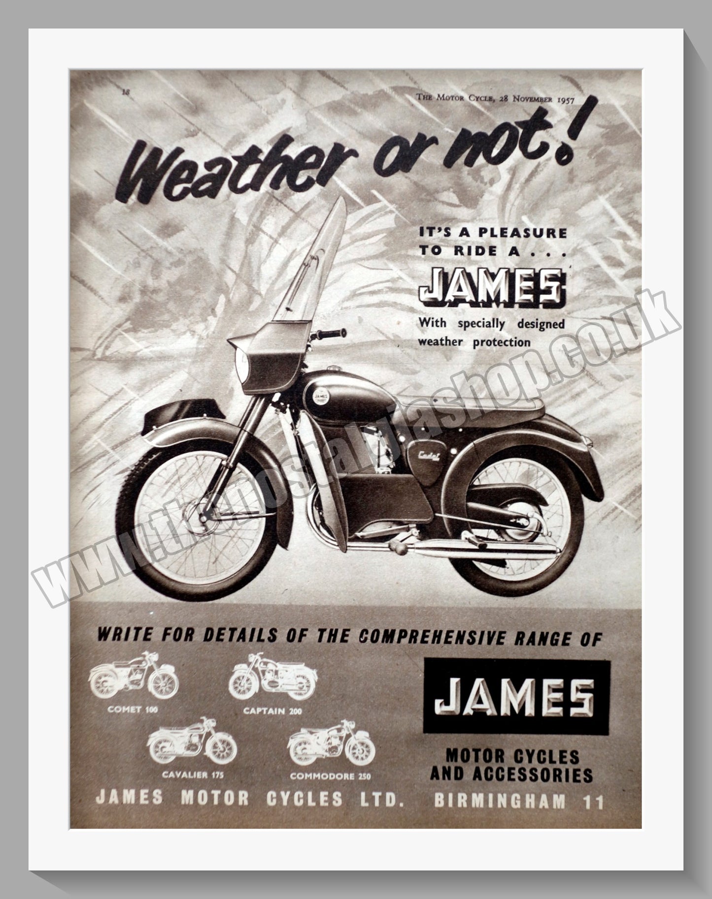 James Motorcycles. With Weather Protection. Original Advert 1957 (ref AD56989)