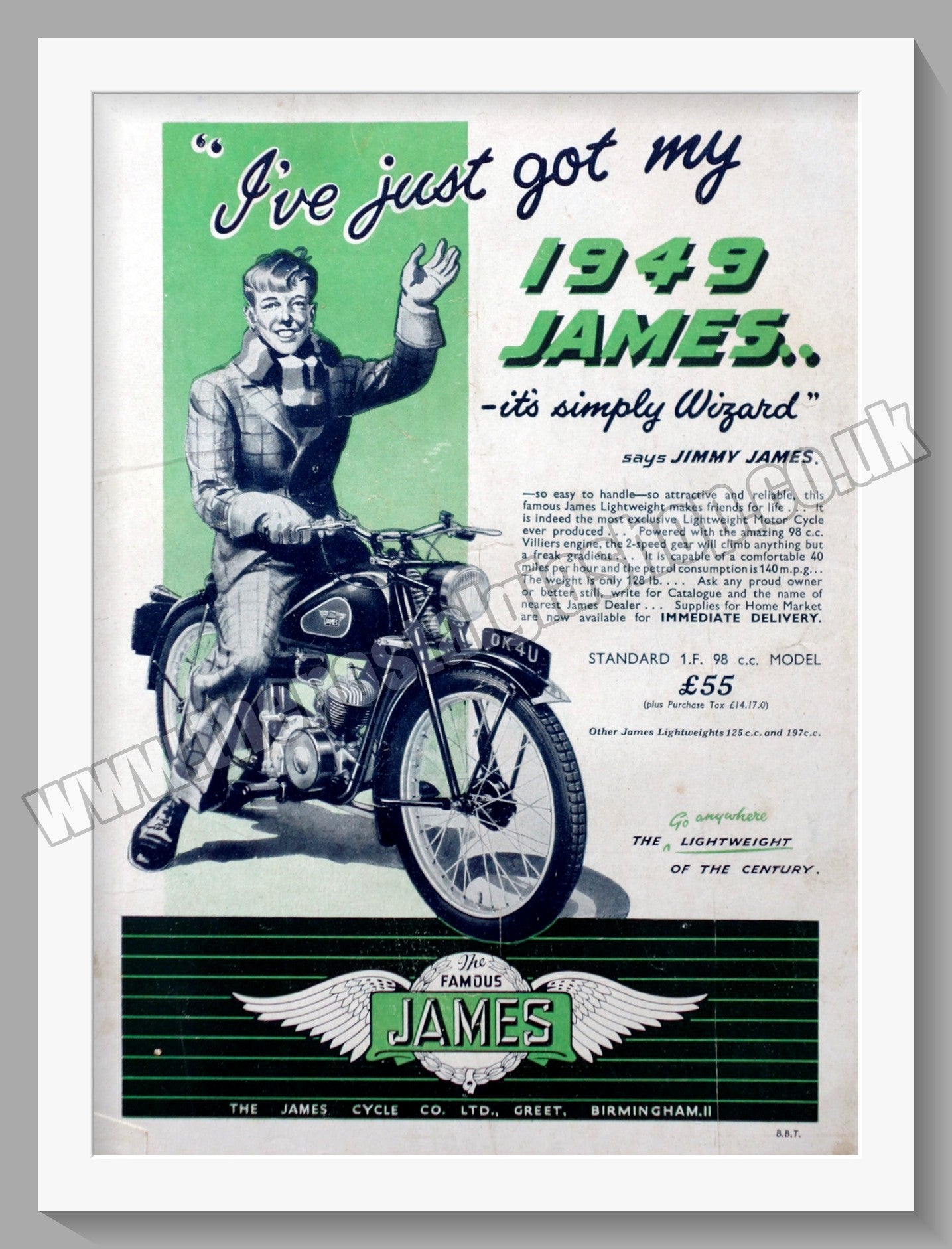 James Lightweight Motorcycle. Jimmy James. Original Advert 1949 (ref AD57031)