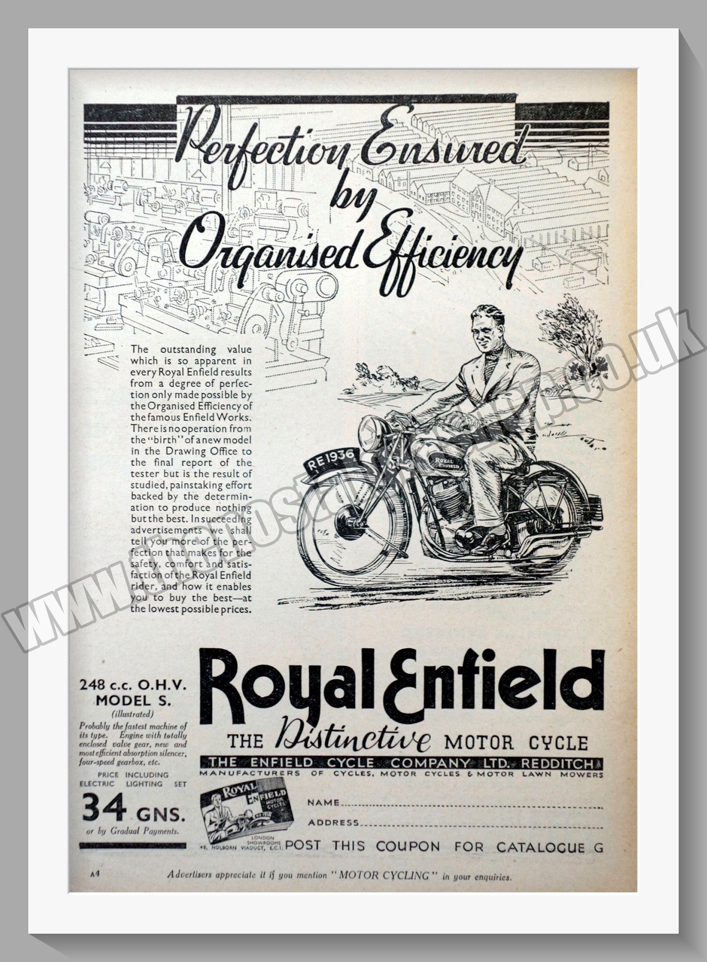 Royal Enfield 248cc Model S Motorcycle. Original Advert 1936 (ref AD56998)