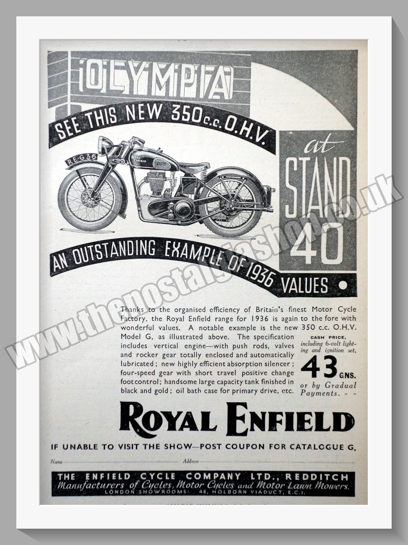Royal Enfield 350cc Motorcycle at the Olympia. Original Advert 1935 (ref AD57003)