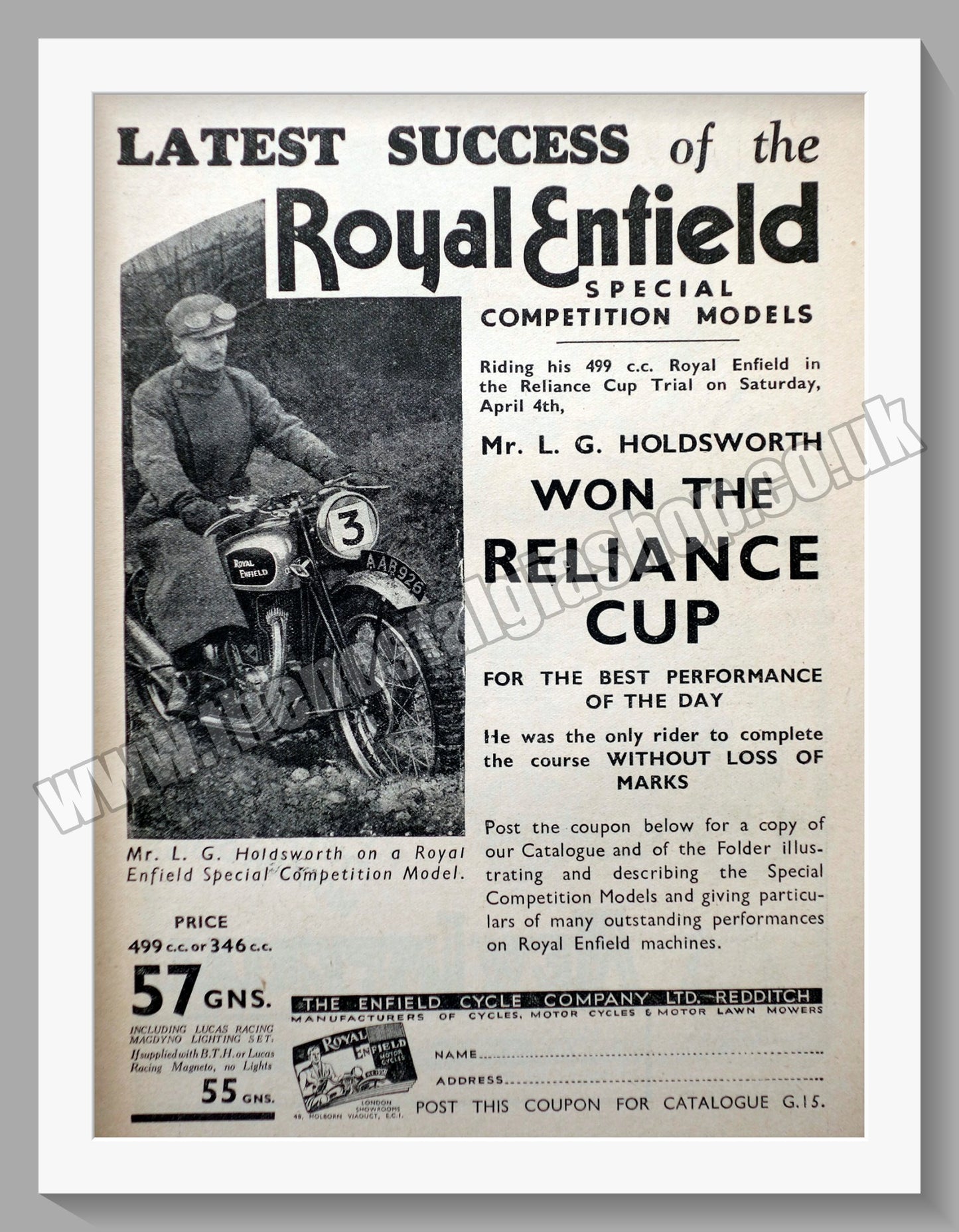 Royal Enfield 500cc Motorcycle. Win Reliance Cup. Original Advert 1936 (ref AD57011)