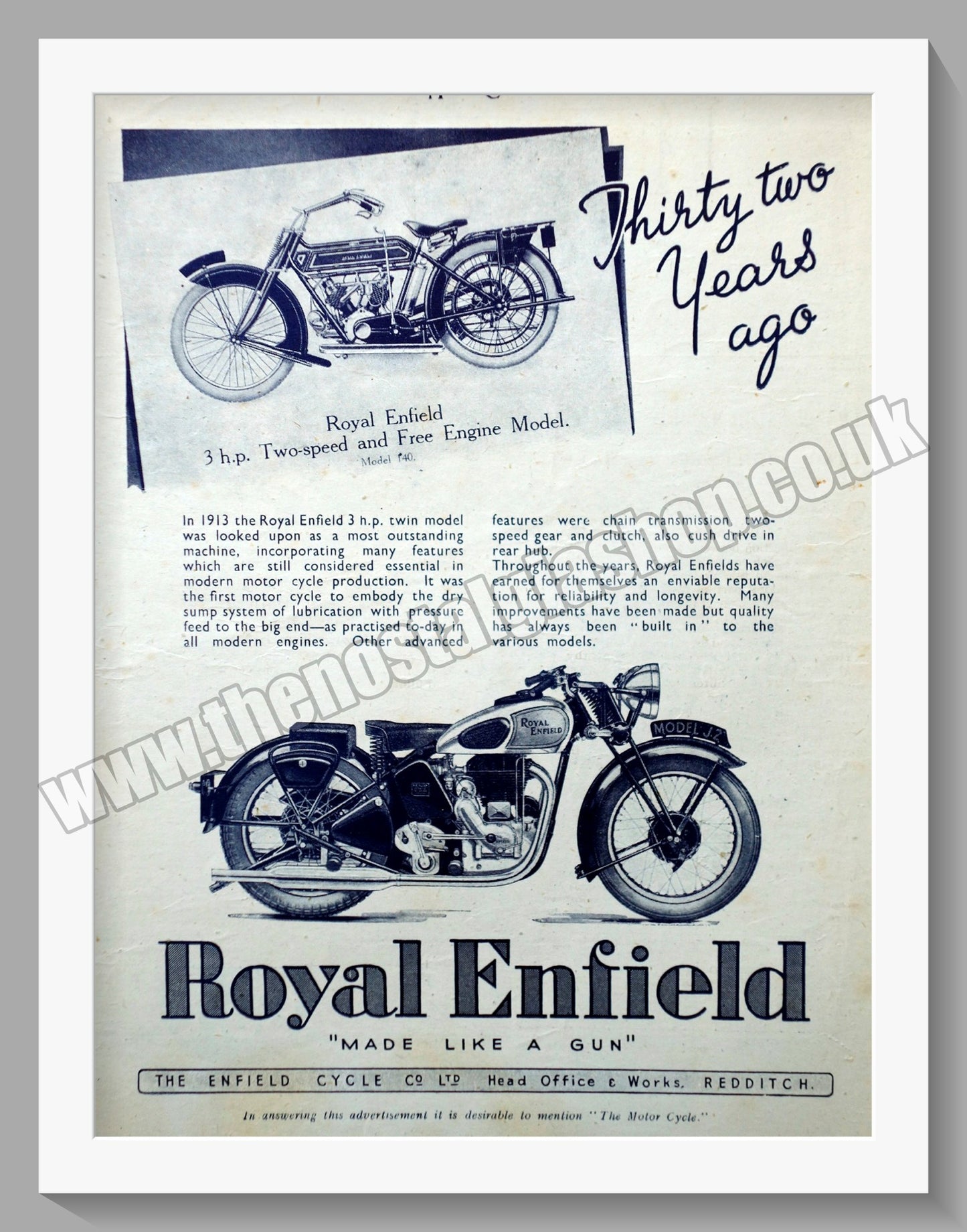 Royal Enfield Motorcycles. Looking back to 1913. Original Advert 1945 (ref AD57042)