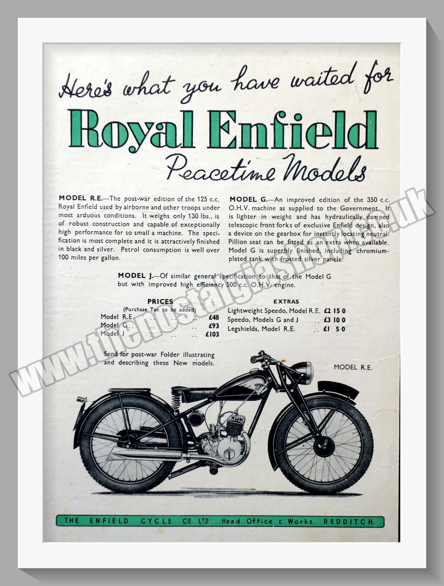 Royal Enfield Motorcycles. Peacetime Models. Original Advert 1945 (ref AD57046)