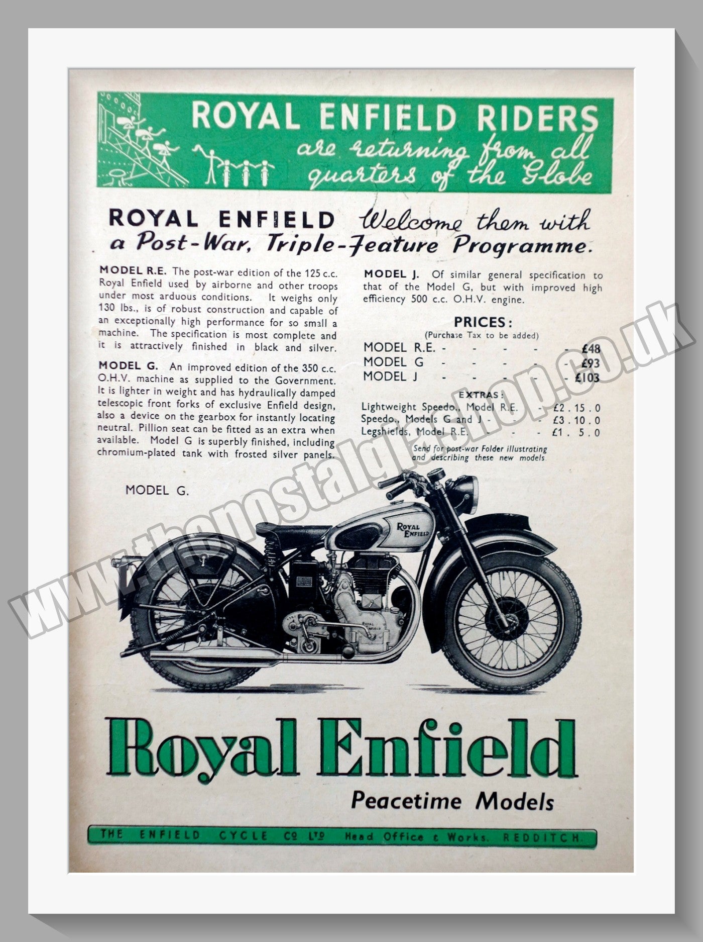 Royal Enfield Motorcycles. Peacetime Models. Model G. Original Advert 1945 (ref AD57049)
