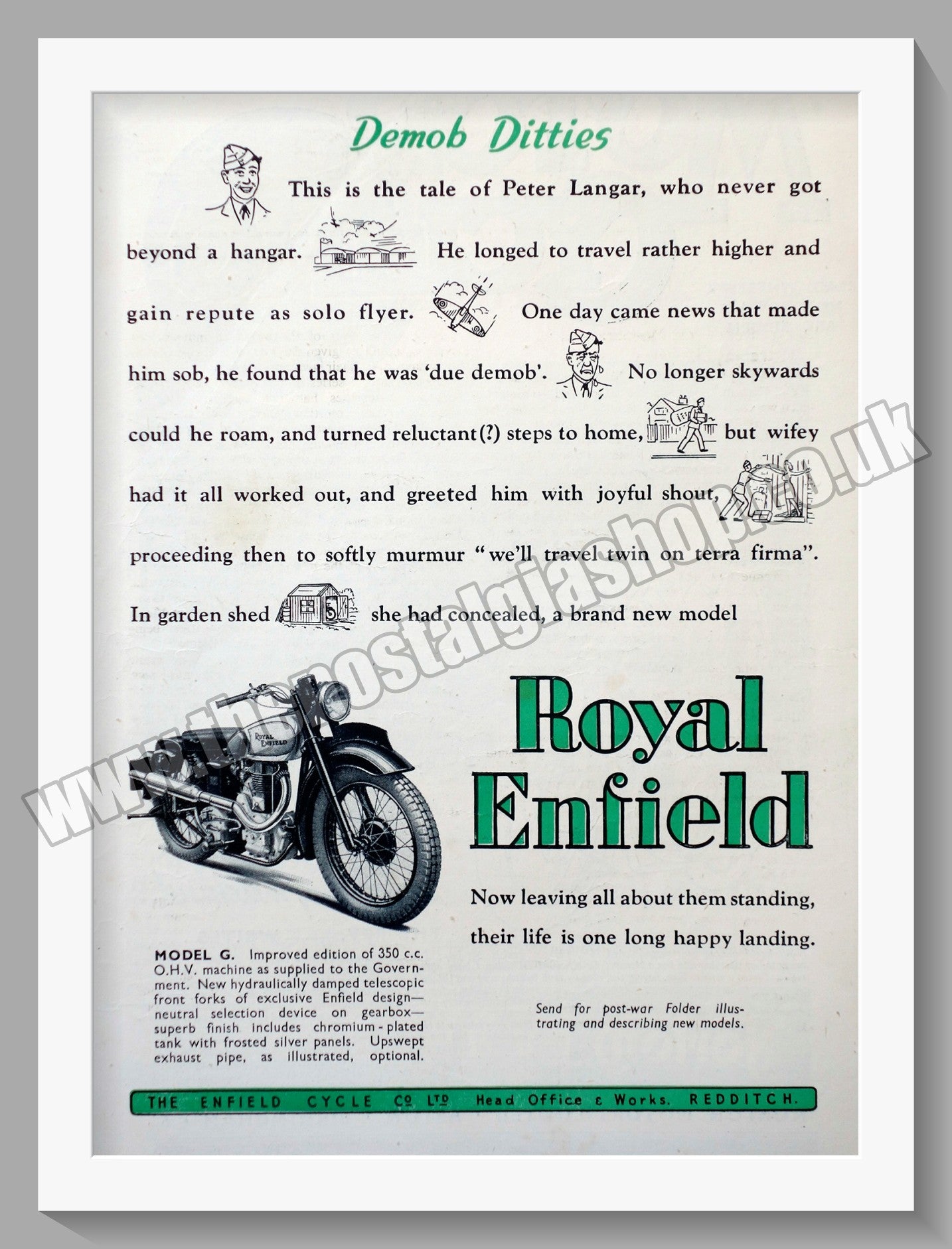Royal Enfield Motorcycles. Demob Ditties. Peter Langer. Original Advert 1946 (ref AD57059)