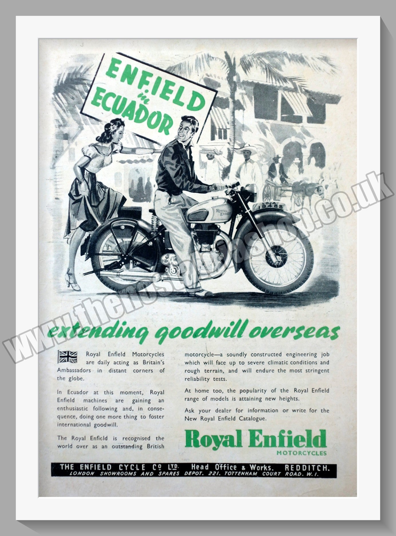 Royal Enfield Motorcycles In Ecuador, Extending Goodwill Overseas. Original Advert 1949 (ref AD57081)