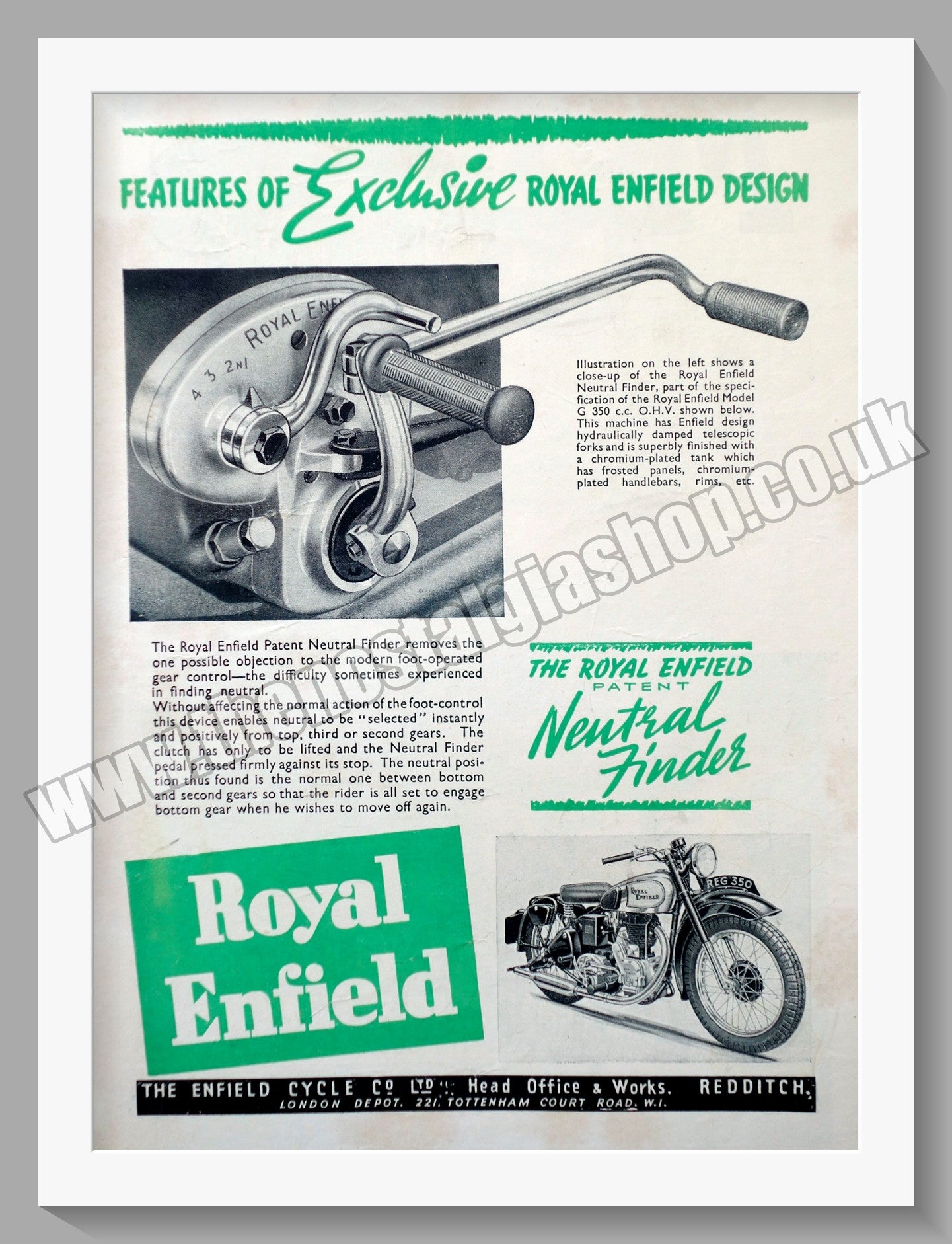 Royal Enfield Motorcycles. Neutral Finder. Original Advert 1947 (ref AD57088)