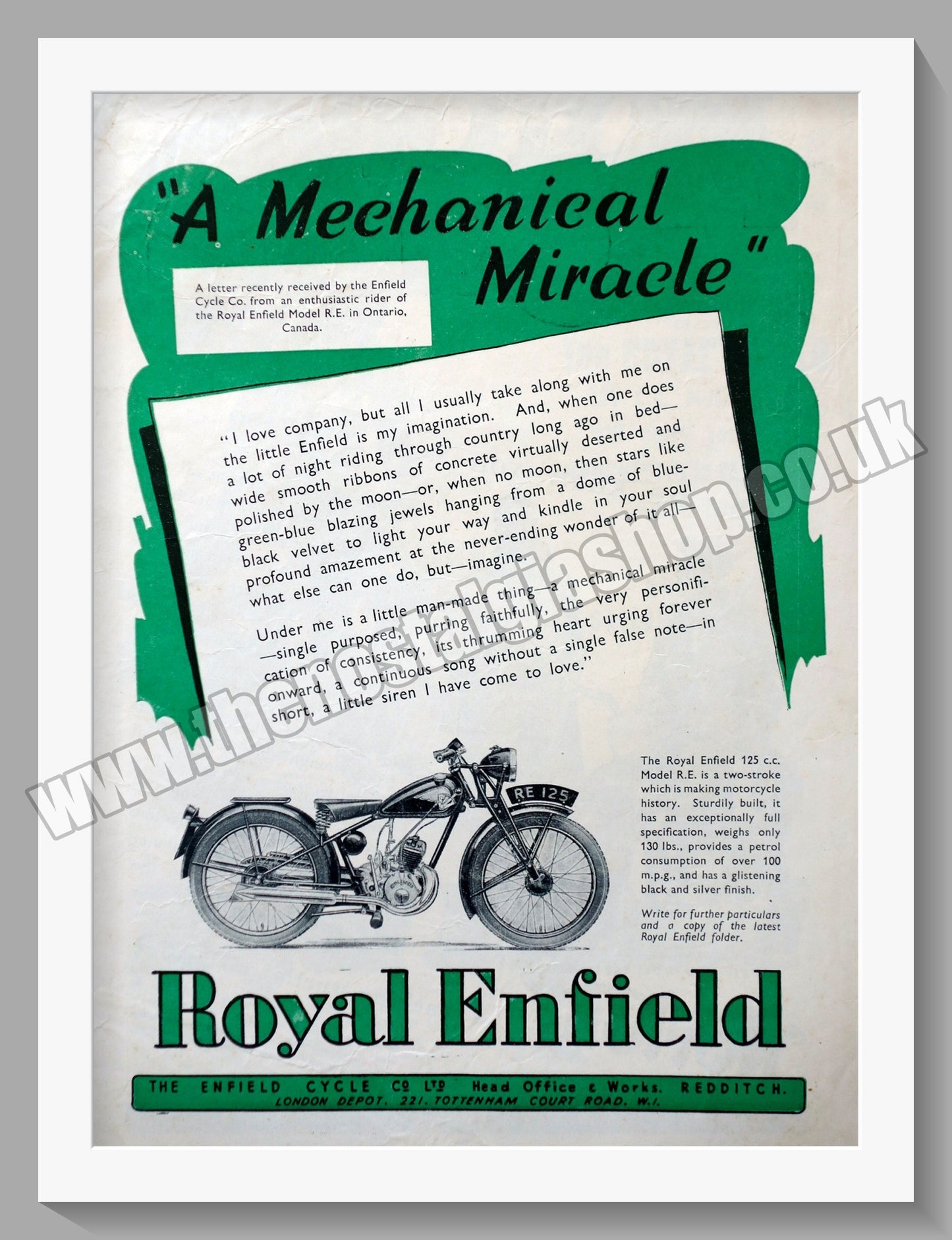 Royal Enfield Motorcycle 125cc. A Mechanical Miracle. Original Advert 1947 (ref AD57092)