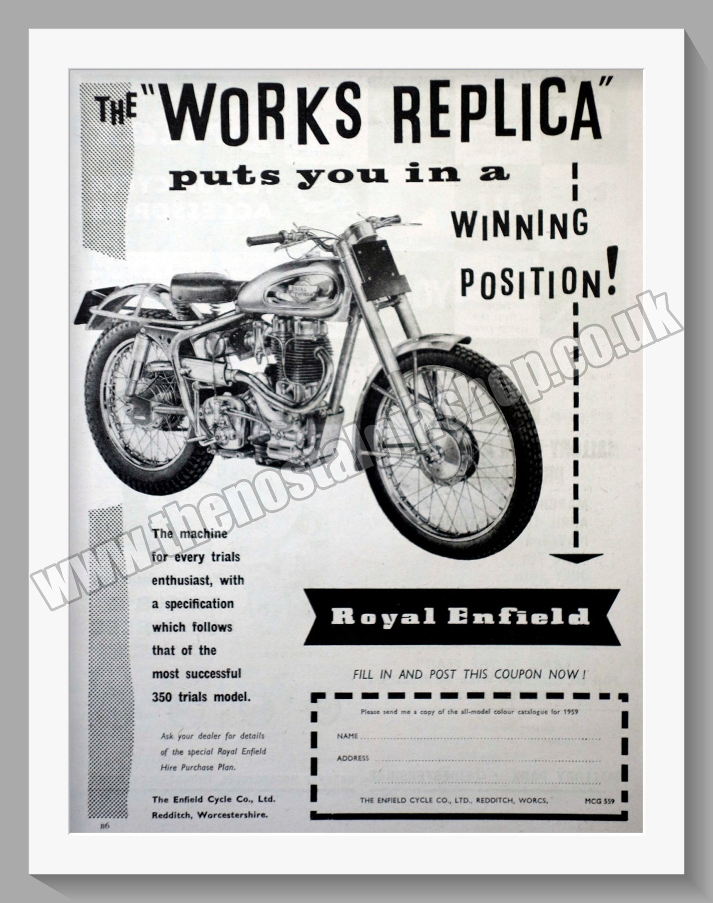 Royal Enfield Works Replica 350cc Motorcycle. Original Advert 1959 (ref AD57152)