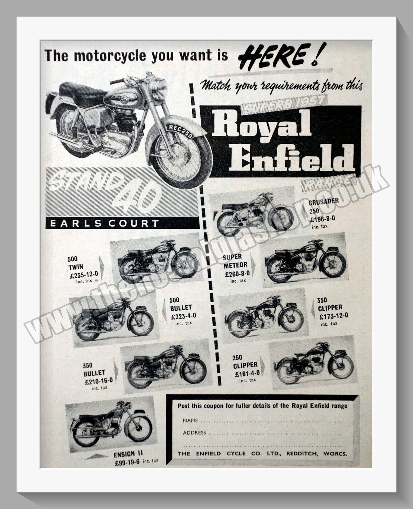 Royal Enfield Motorcycles at Earls Court. Original Advert 1956 (ref AD57161)
