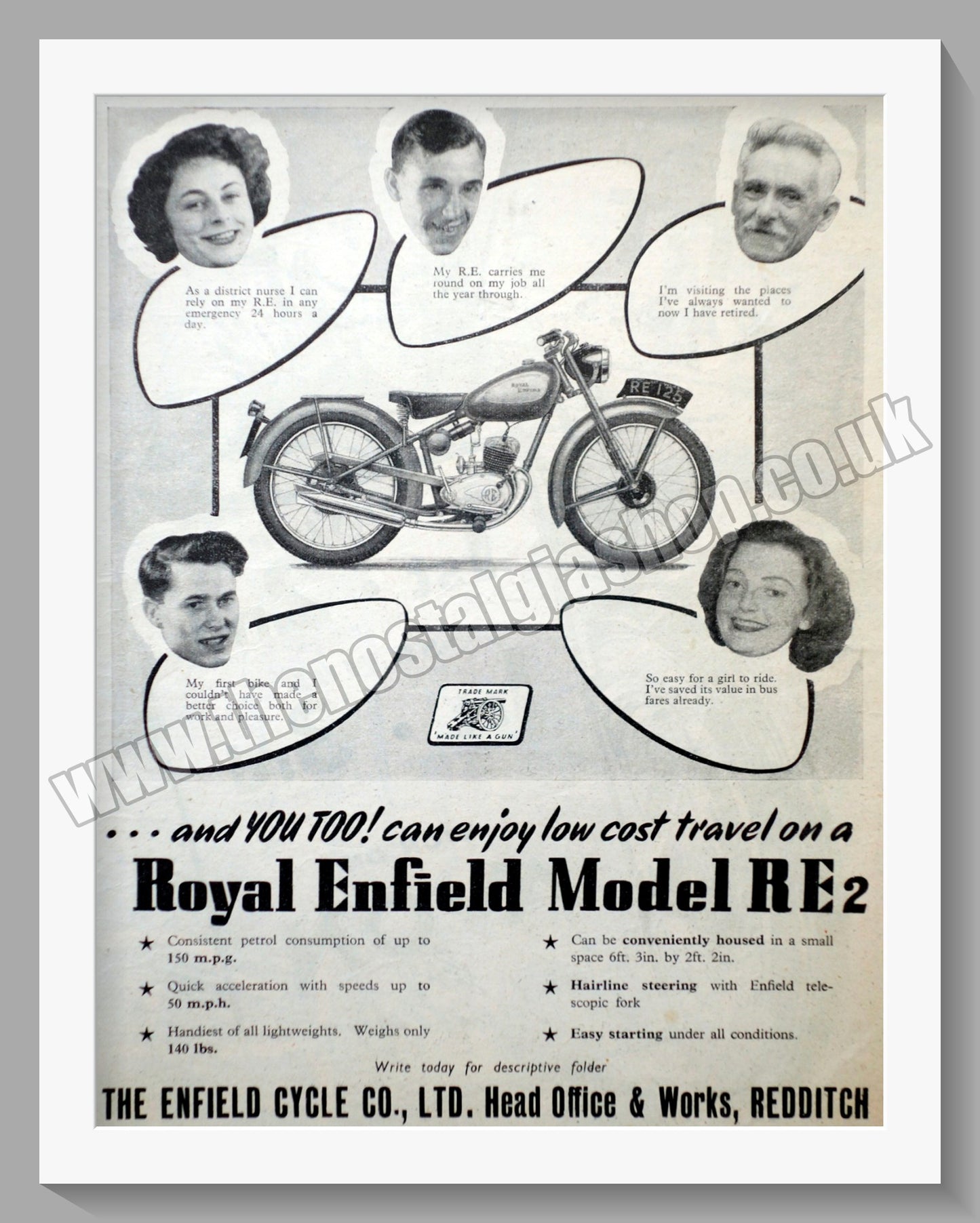 Royal Enfield 125cc Model R.E 2 Motorcycle. Original Advert 1952 (ref AD57176)