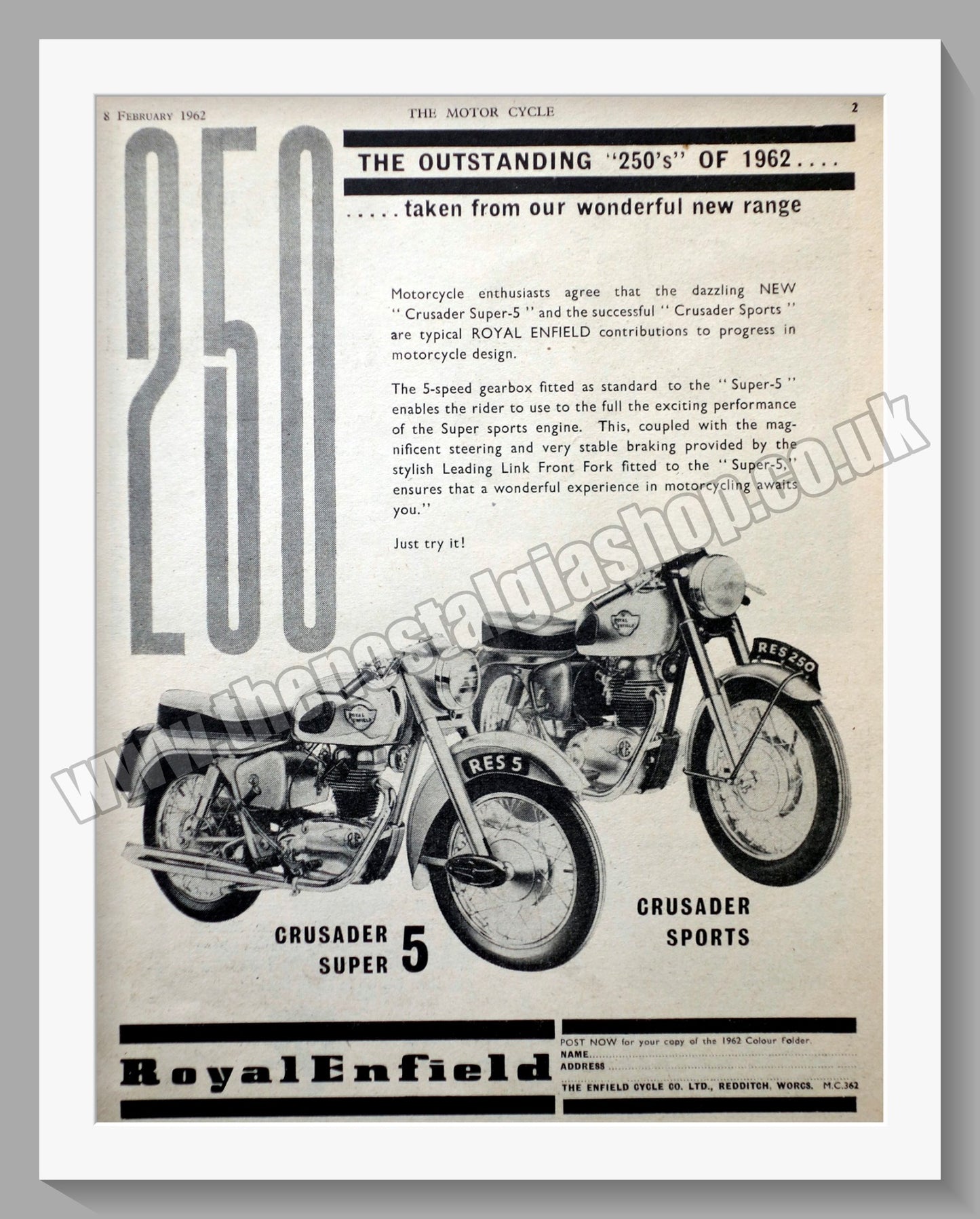 Royal Enfield 250cc Crusader Sports Motorcycle. Original Advert 1962 (ref AD57365)