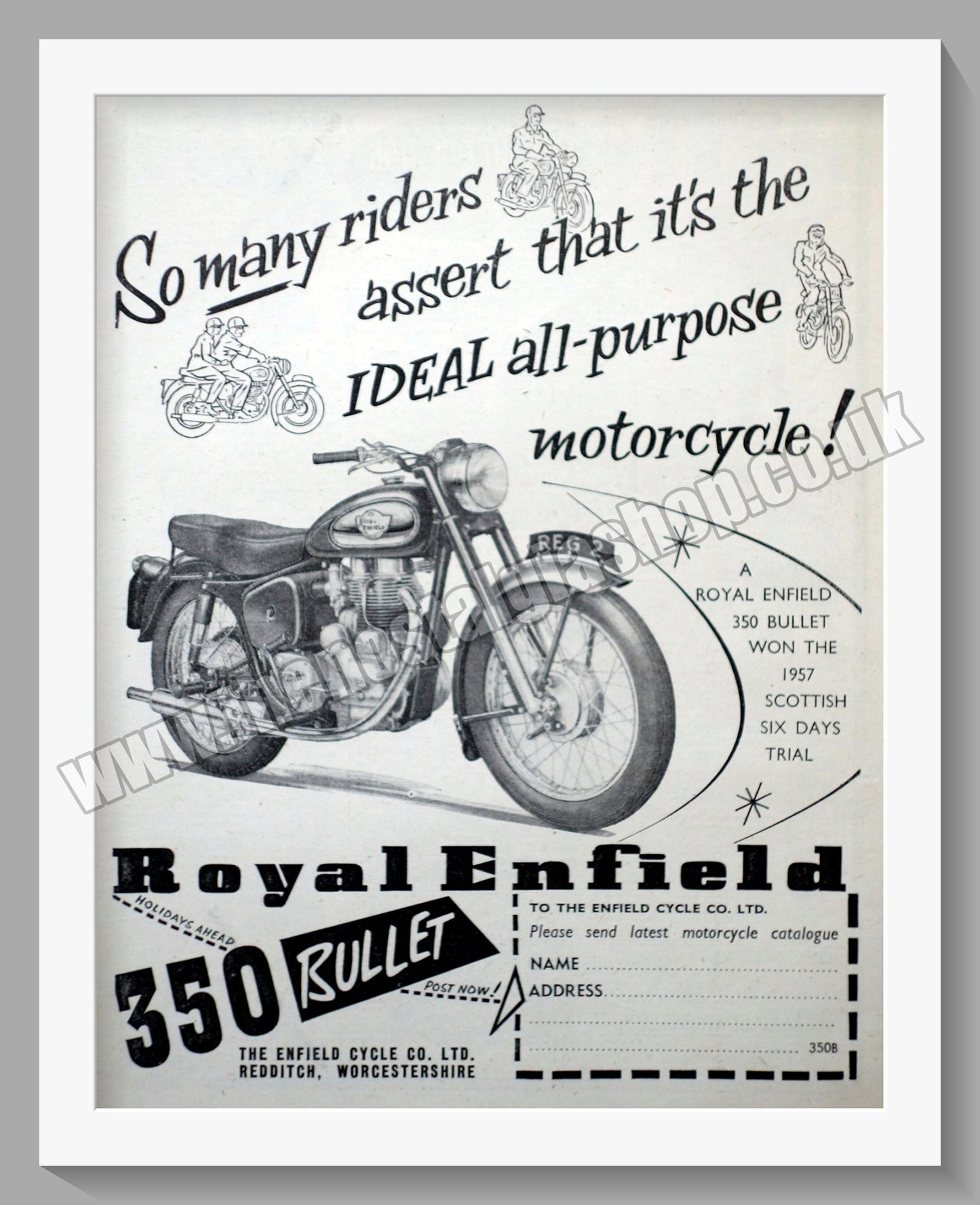 Royal Enfield 350 Bullet Motorcycle. Original Advert 1957 (ref AD57383)