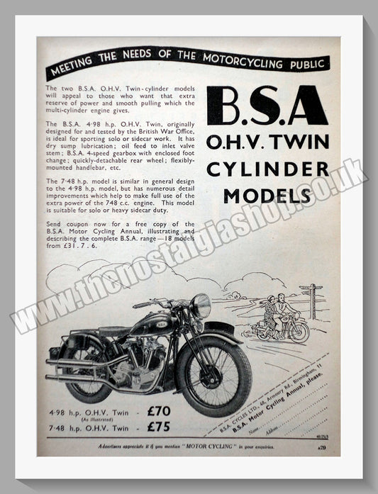 BSA O.H.V Twin Cylinder Models. Original Advert 1936 (ref AD57104)