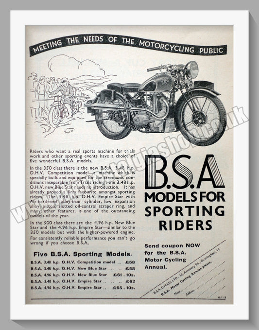 BSA Sporting Models. Original Advert 1936 (ref AD57105)