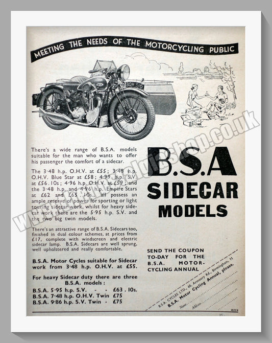 BSA Side Car Models. Original Advert 1936 (ref AD57106)