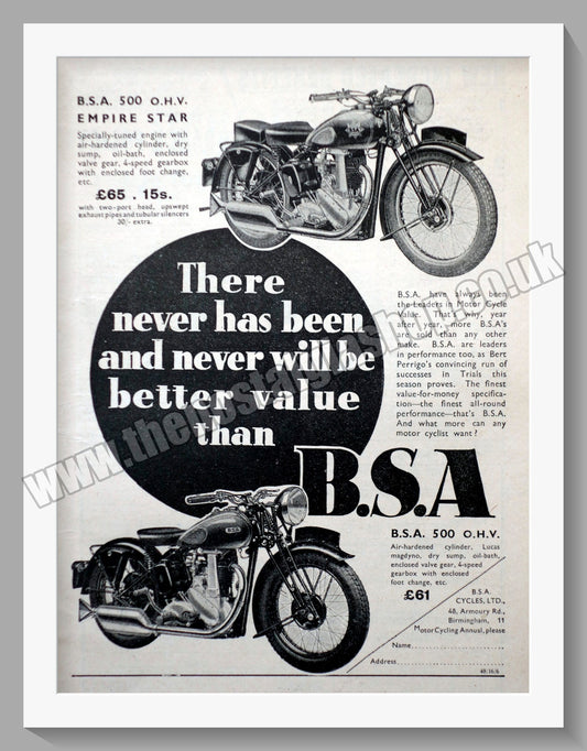 BSA 500 O.H.V Motorcycles. Original Advert 1937 (ref AD57113)