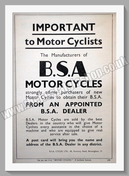 BSA Manufacture Motorcycles. Original Advert 1936 (ref AD57114)