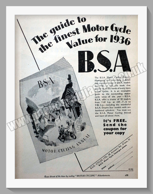 BSA Motorcycle Annual. Original Advert 1936 (ref AD57117)